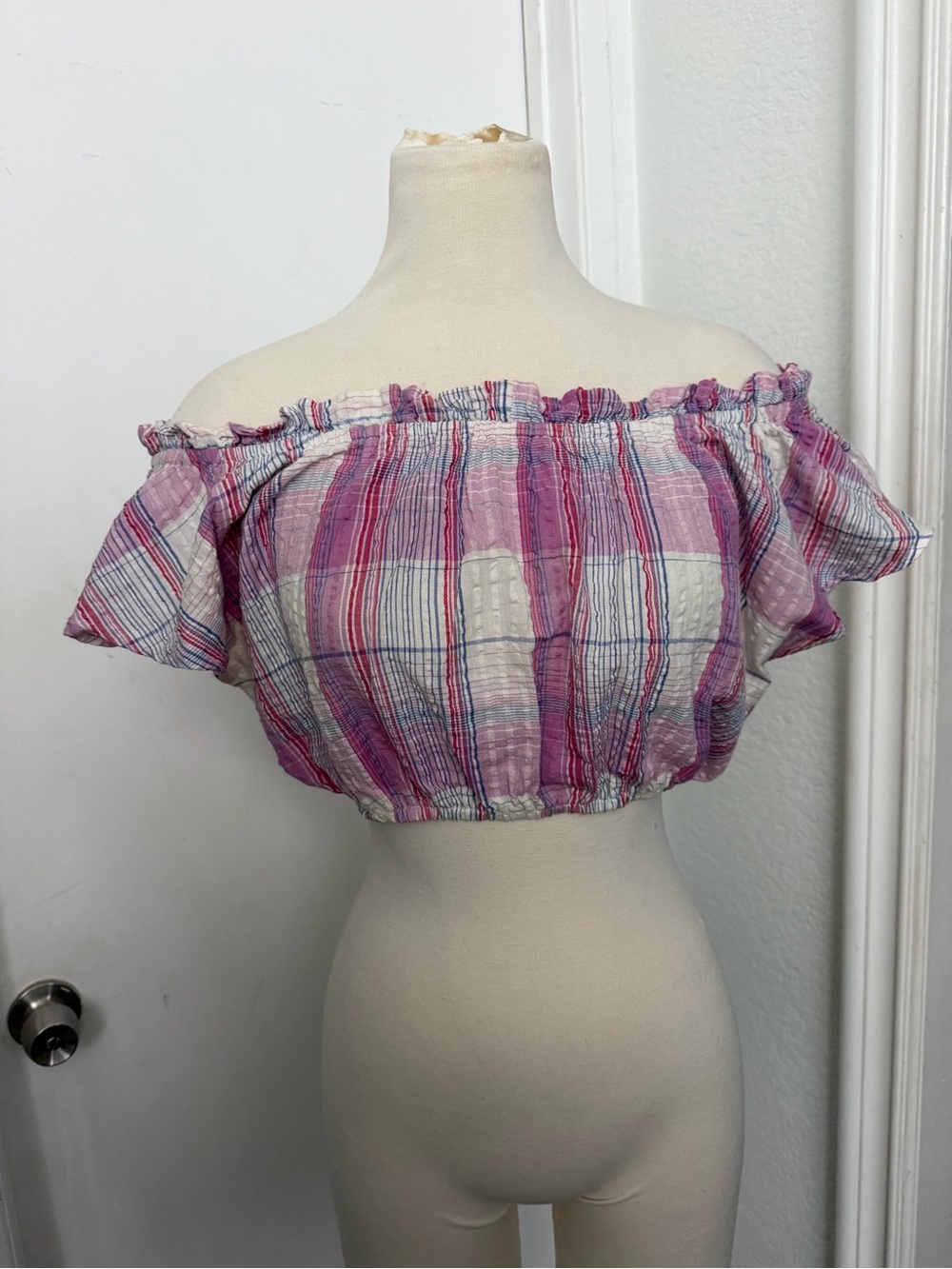 Urban Outfitters Pink Plaid Off-Shoulder Smocked Crop Top